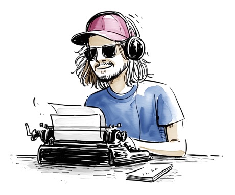 An illustration of Phil wearing headphones and typing at a typewriter