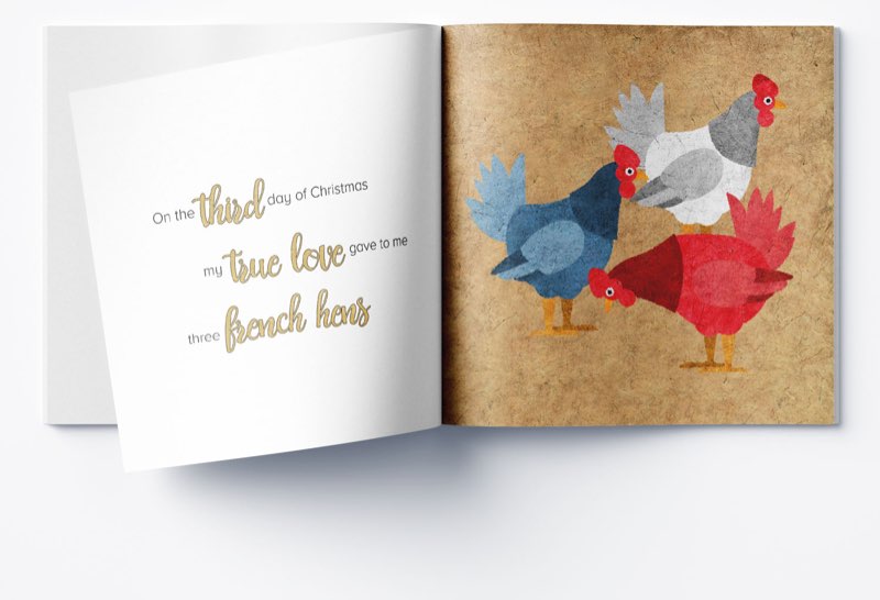 The third day: three French hens in red, blue and white on a golden paper background