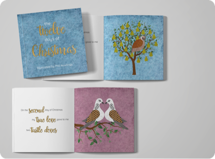 The blue cover of The Twelve Days of Christmas beside open spreads showing a partridge and two turtle doves