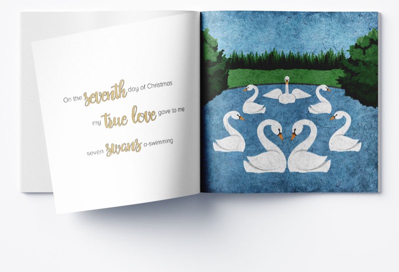 The seventh day: seven white swans swimming on a blue lake edged by green trees
