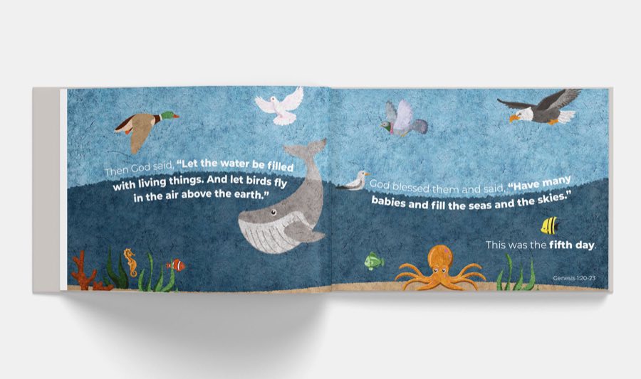 The fifth day · Life in the sea and sky, showing the illustrated spread and text in the printed book