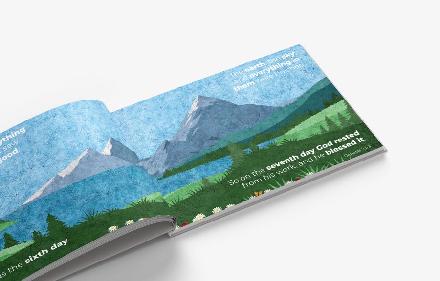 The seventh day · A world completed, and a day of rest, showing the illustrated spread and text in the printed book