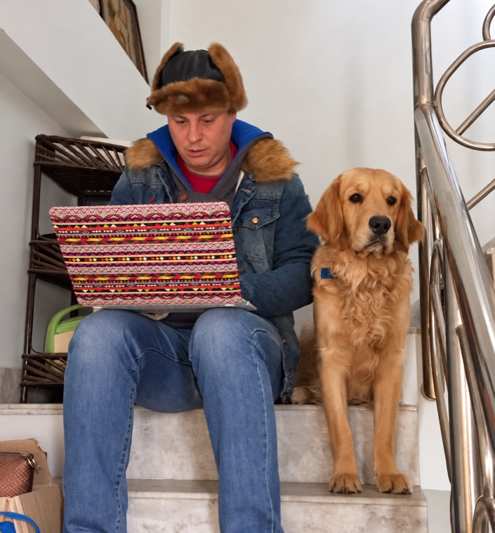 Phil sitting on the stairs with a laptop, beside Bailey the golden retriever