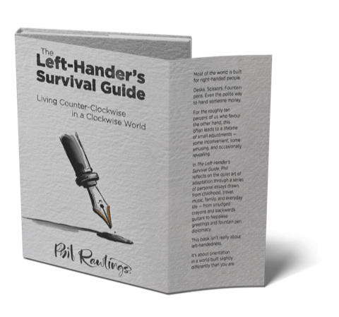 The Left-Hander’s Survival Guide hardback, with the jacket open and a fountain-pen illustration on its cover